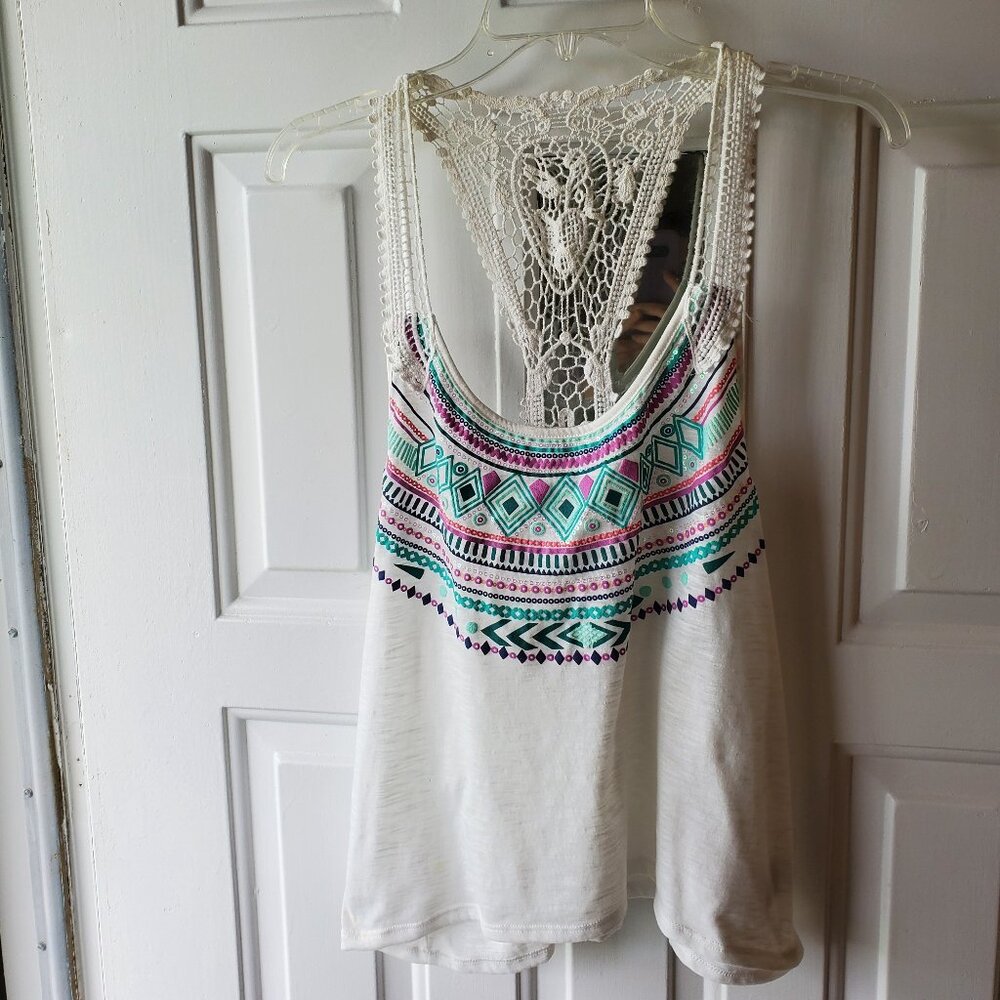 Junior's Dream Out Loud by Selena Gomez White Boho Sequined Tank - Size XL - Use